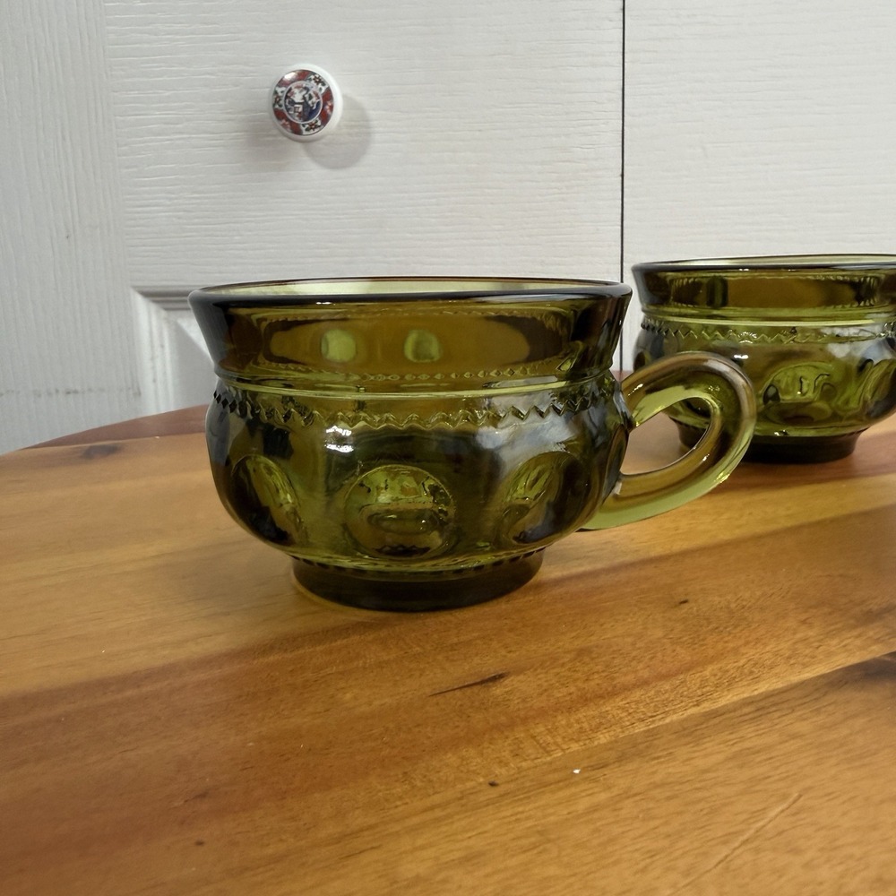 Indiana Glass Kings Crown Thumbprint Green Tea Cups Set Of 3 Cottage Granny VTG - Picture 5 of 7